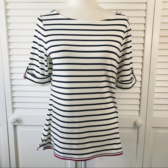 2/$50 TOMMY HILFIGER Black & White Striped Top Size Petite Small - Picture 1 of 10